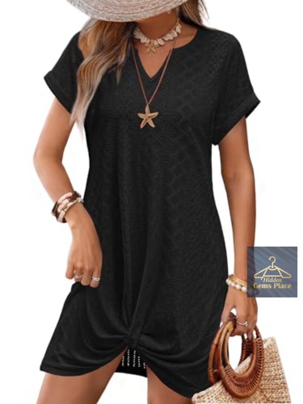 Womens Swimsuit Coverup V Neck Twisted Knot Eyelet Beach Dress